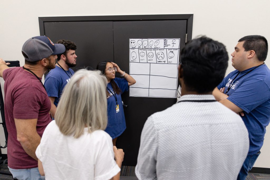 A small group discusses ministry challenges during a collaborative Roundup session.